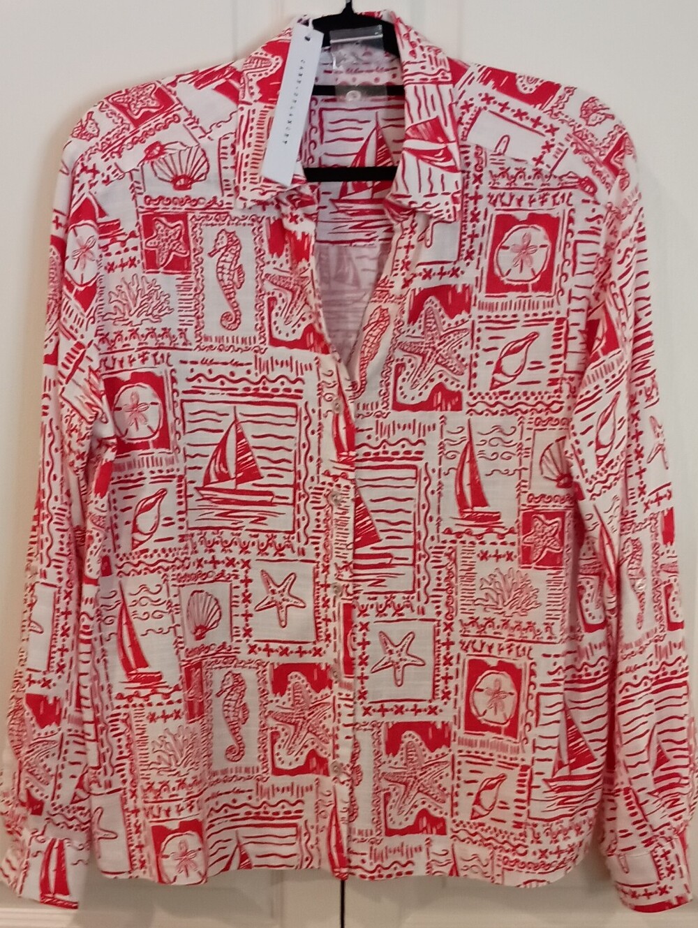 Red Coral Color and White Nautical Print Button-Up Shirt